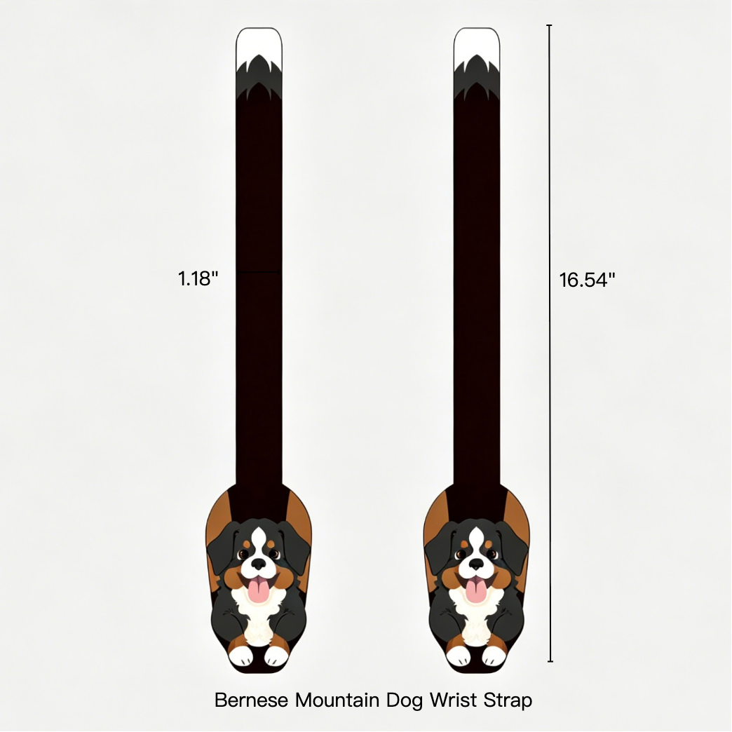 Bernese Mountain Dog wrist strap with measurements on a white background