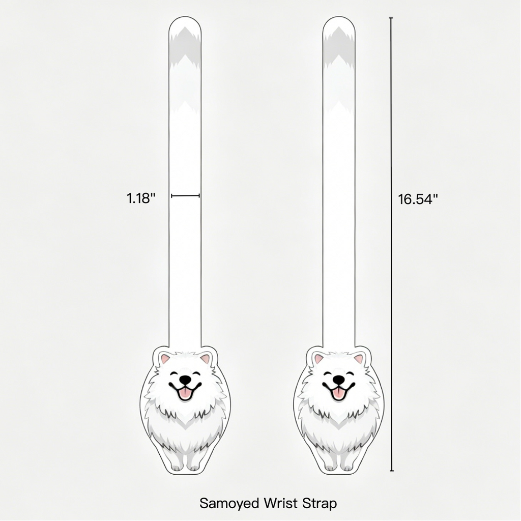 Measurement chart of a Samoyed wrist strap with dimensions labeled.