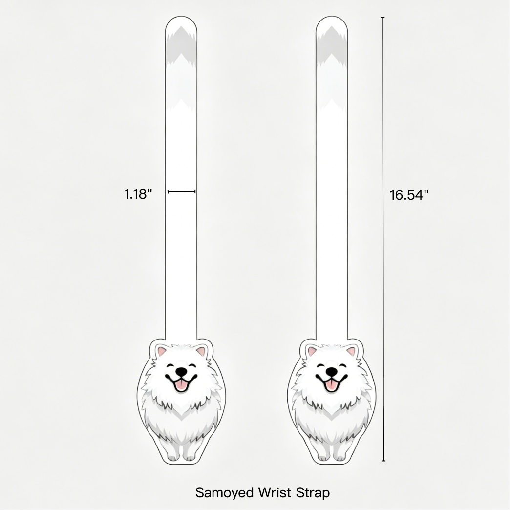 Measurement chart of a Samoyed wrist strap with dimensions labeled.