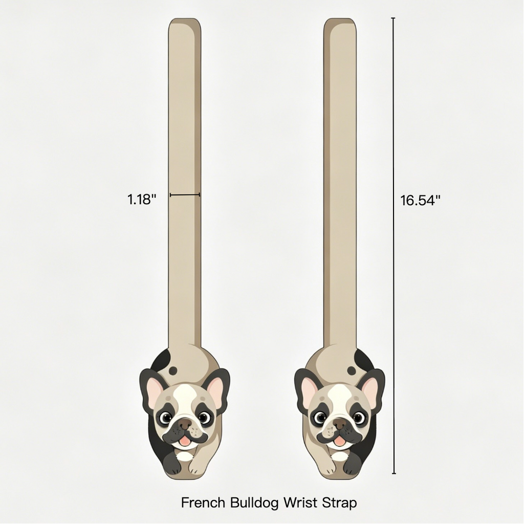 French Bulldog wrist strap with measurements on a white background