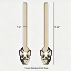 French Bulldog wrist strap with measurements on a white background
