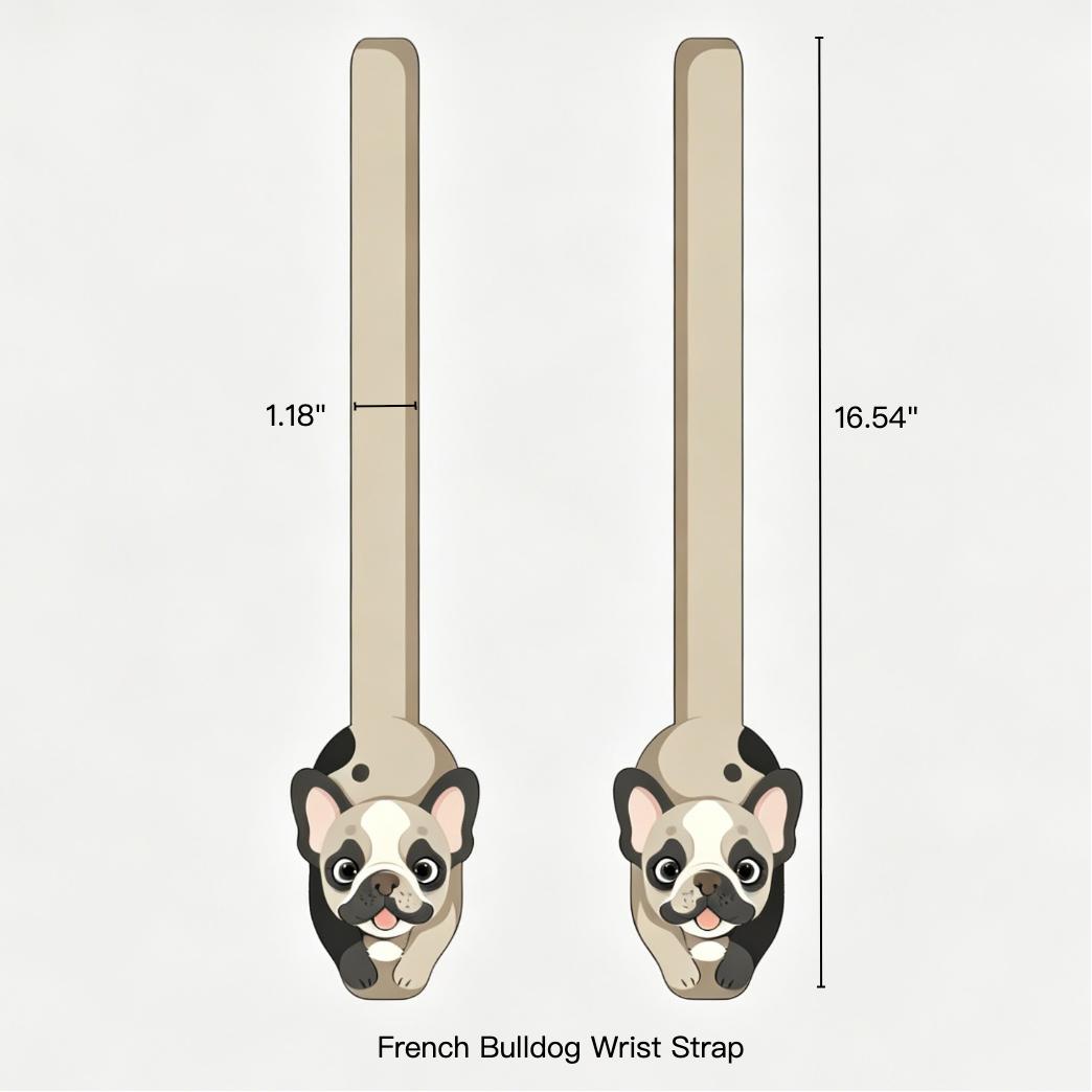 French Bulldog wrist strap with measurements on a white background