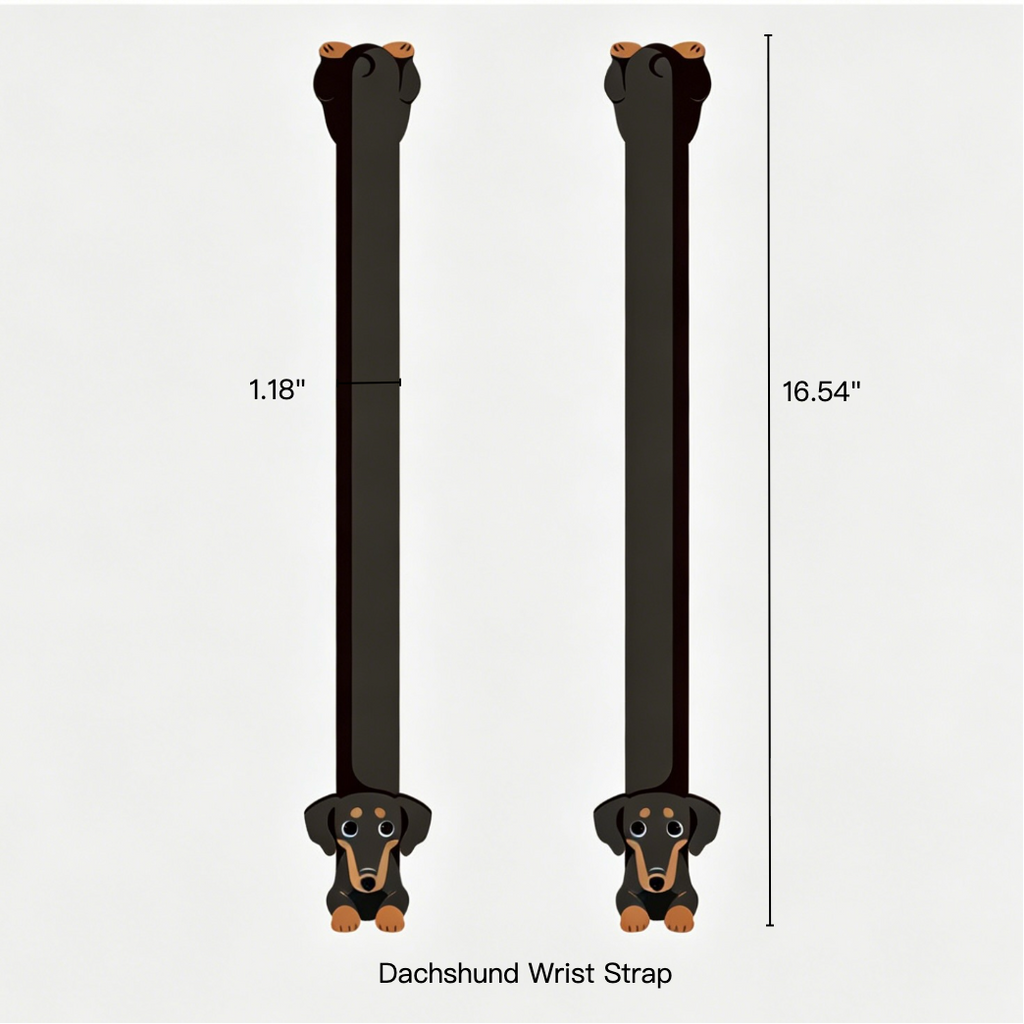 Dachshund-shaped wrist strap with measurements on a white background