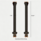 Dachshund-shaped wrist strap with measurements on a white background