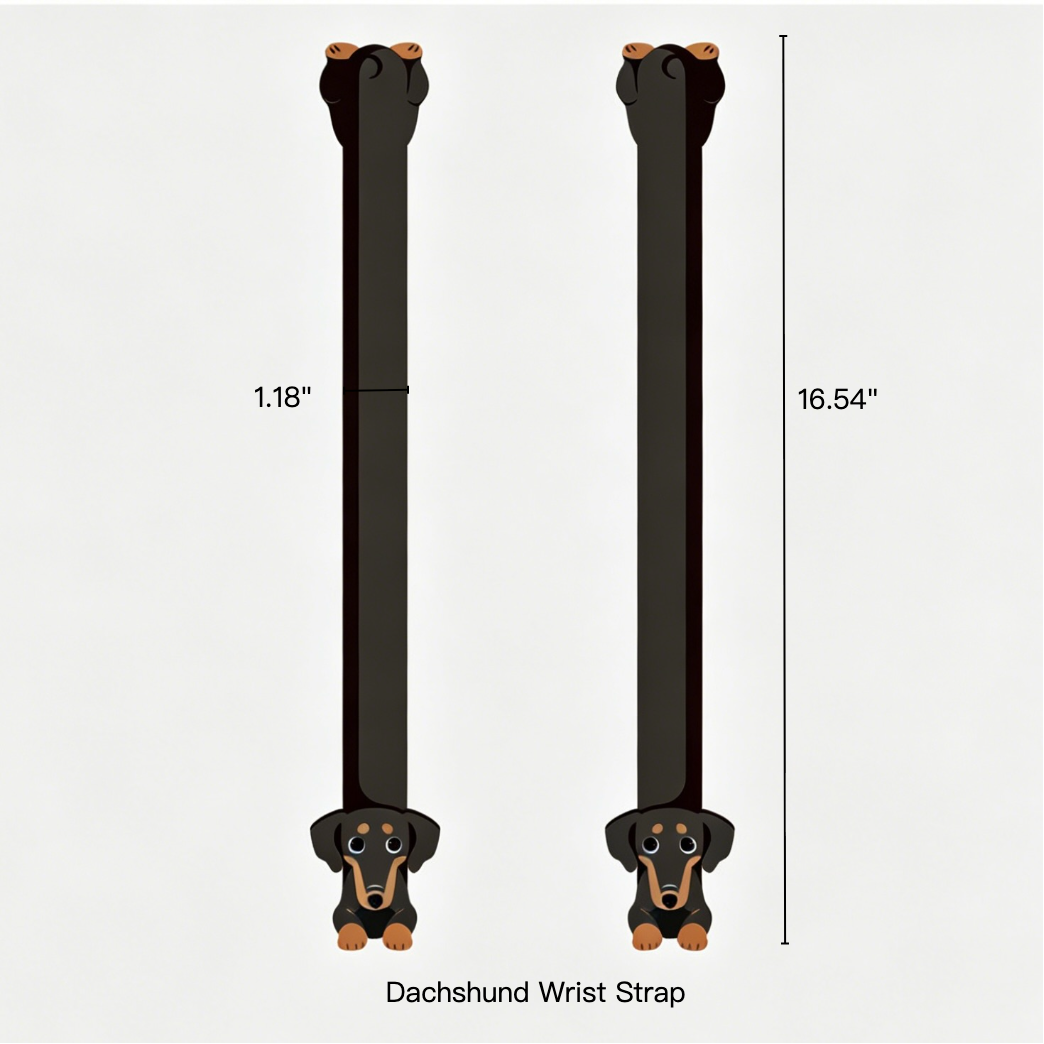 Dachshund-shaped wrist strap with measurements on a white background