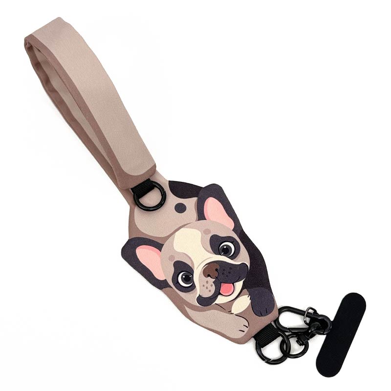 Dog-shaped keychain with a strap on a white background