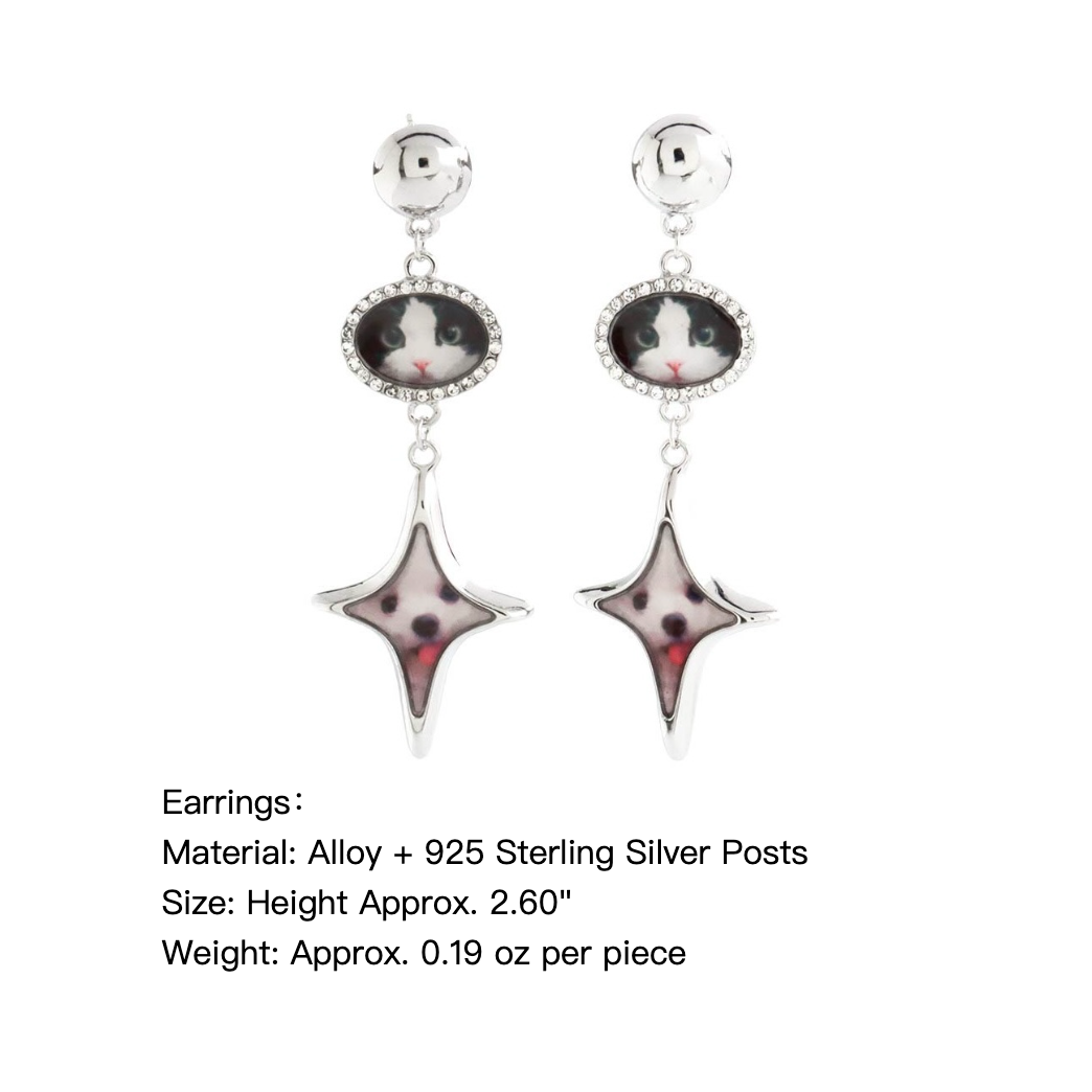 Pair of earrings with cat face designs on a white background
