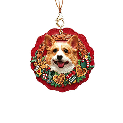 Decorative Christmas ornament with a dog's face on a red background