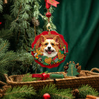 Dog ornament with festive design hanging on a Christmas tree