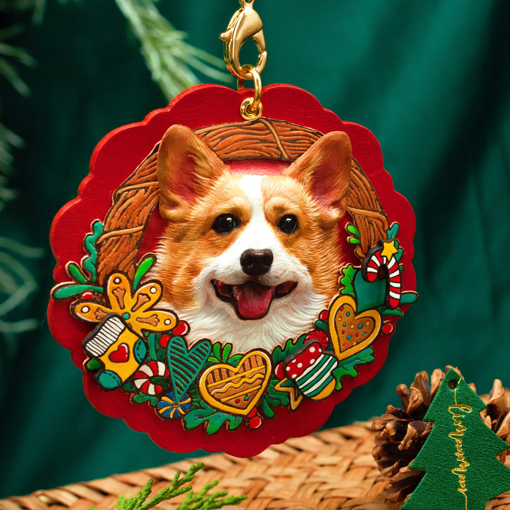 Dog ornament with a wreath design on a green background