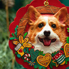 Decorative ornament with a corgi dog design and festive elements on a red background.