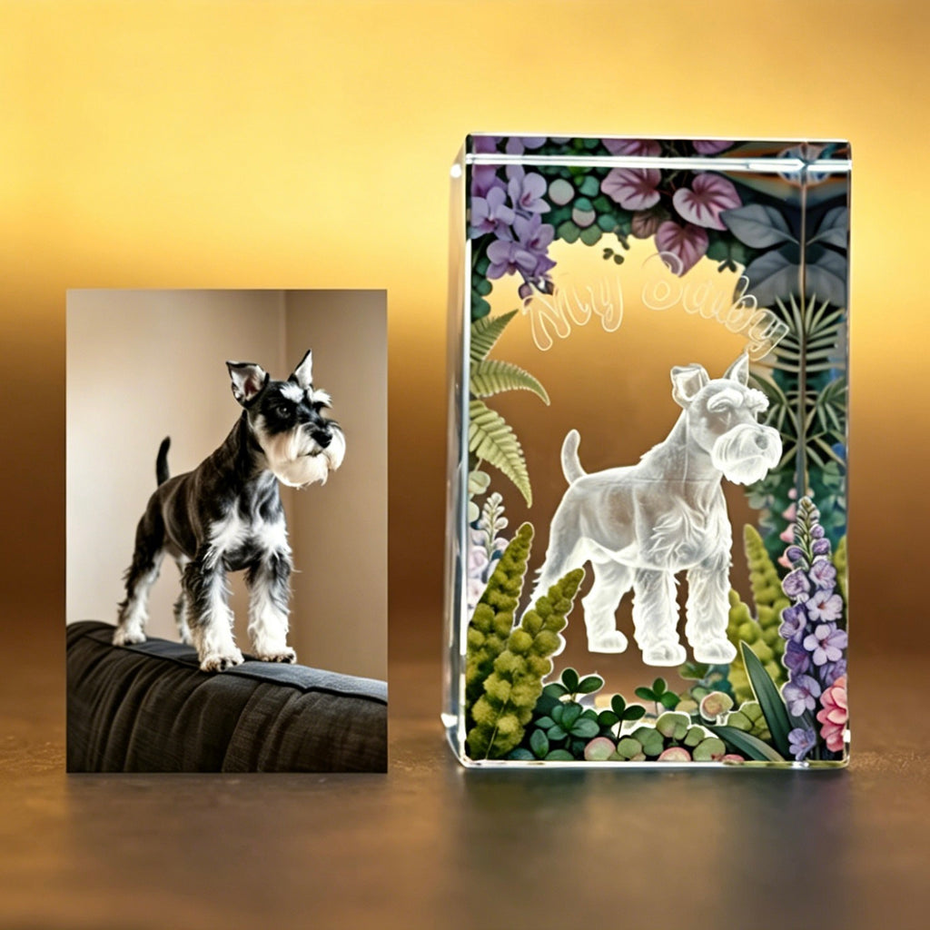 A real companion animal photo compared next to its custom 3D crystal laser-engraved portrait keepsake to show lifelike details.