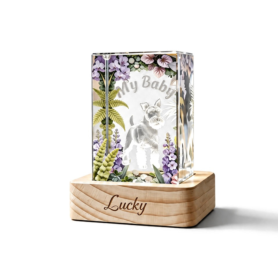 Custom 3D crystal pet portrait night light with a laser-etched dog and floral details on an engraved wooden LED base.