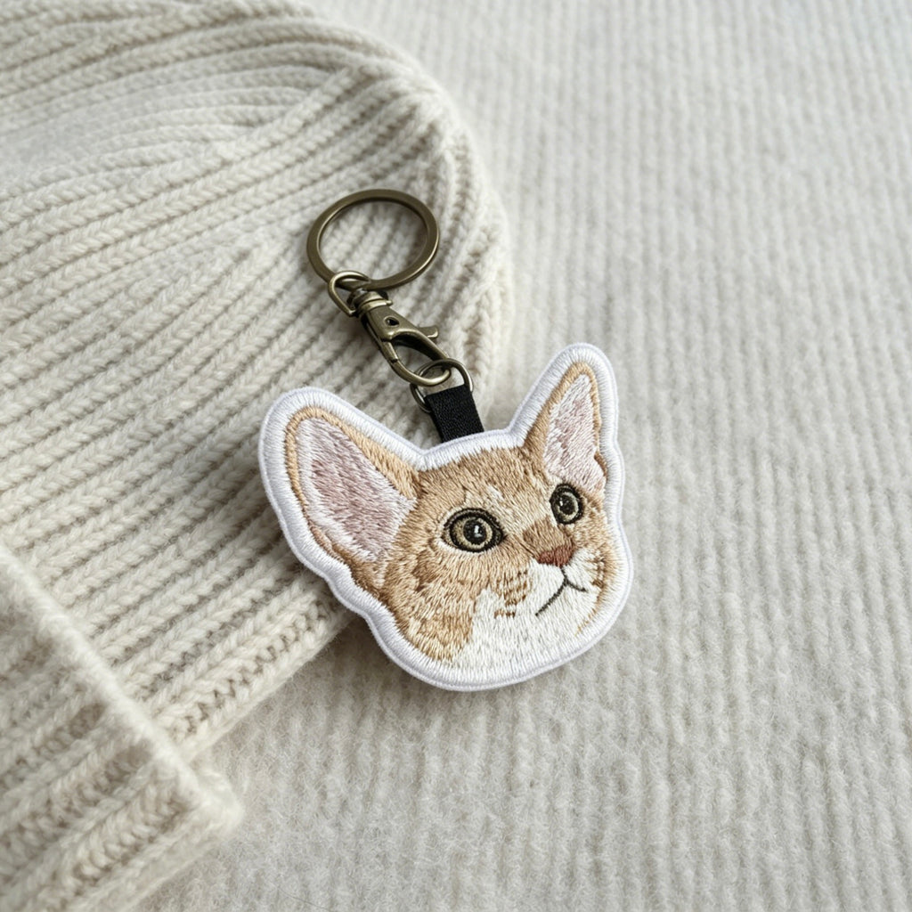 Embroidered cat keychain on a textured fabric background