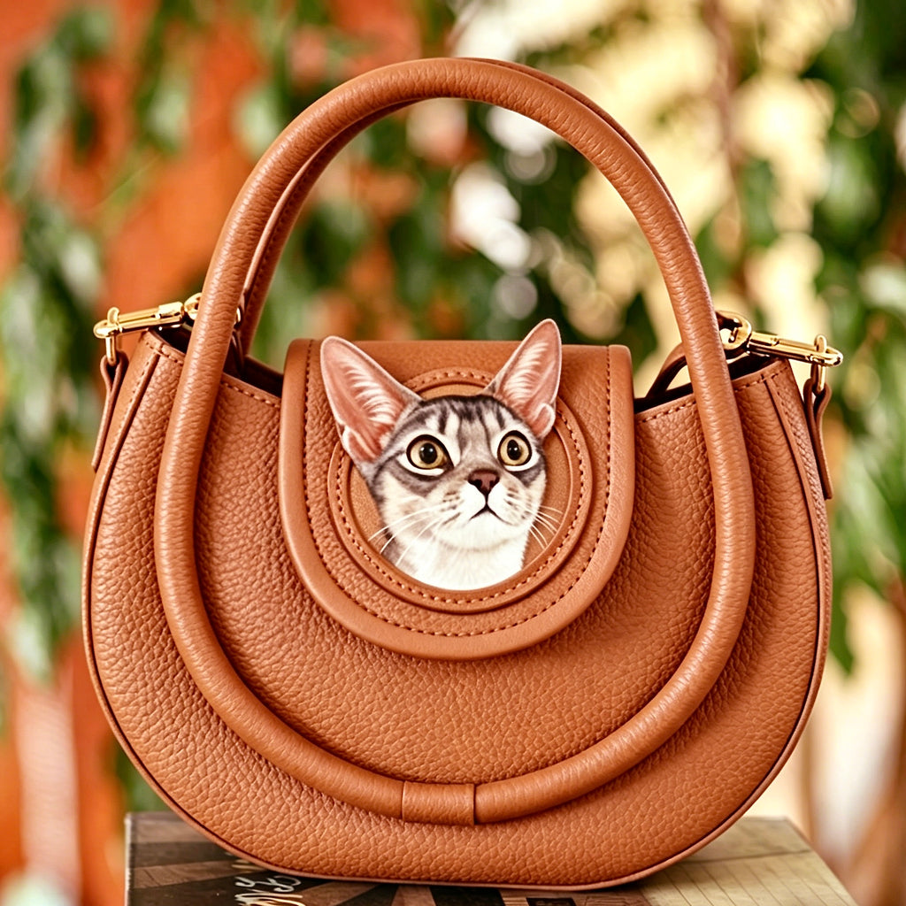 Brown handbag with a cat face design on a blurred natural background