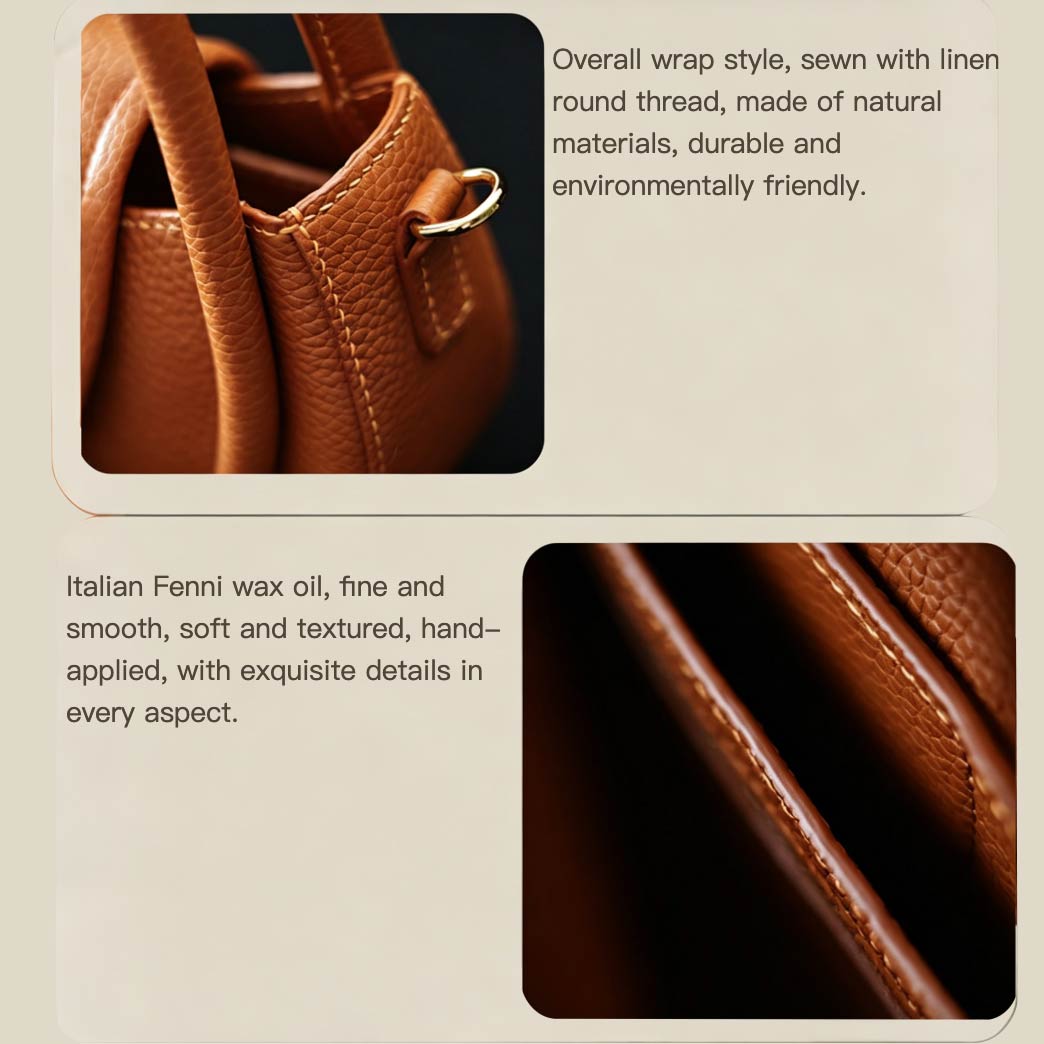 Brown leather handbag with close-up details and text about material and finish.