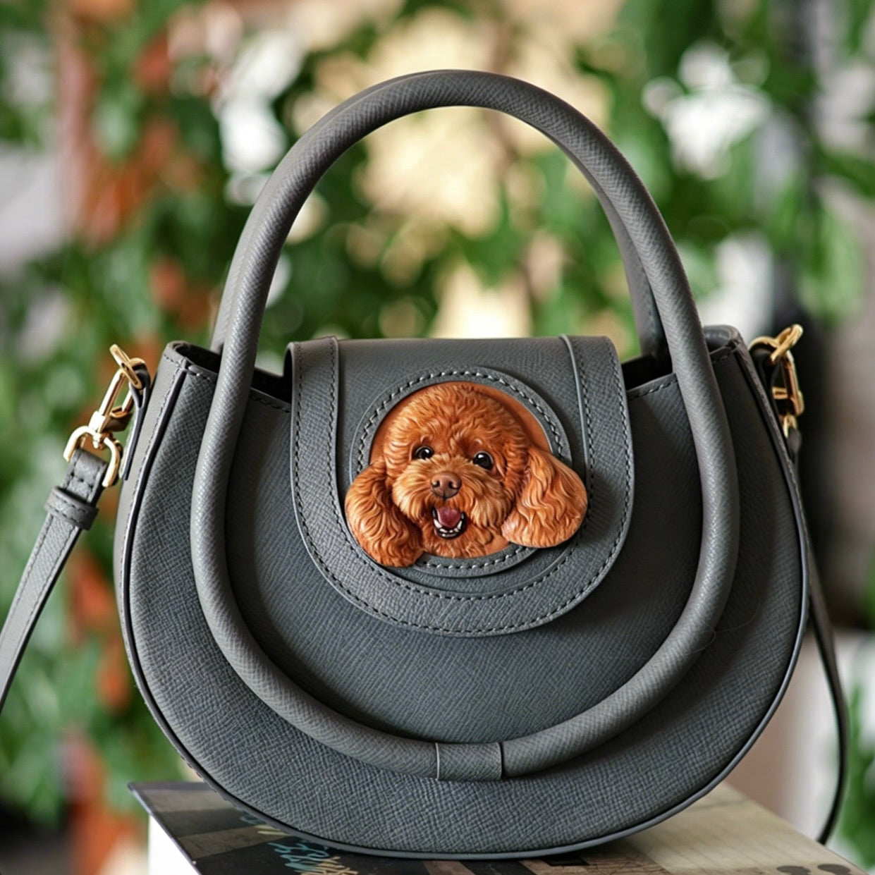 Gray handbag with a dog face patch on a blurred green background