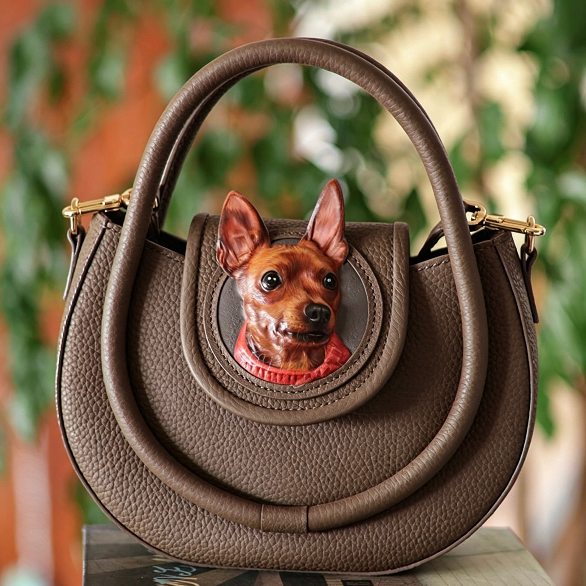 Brown leather handbag with a dog figurine on a blurred green background
