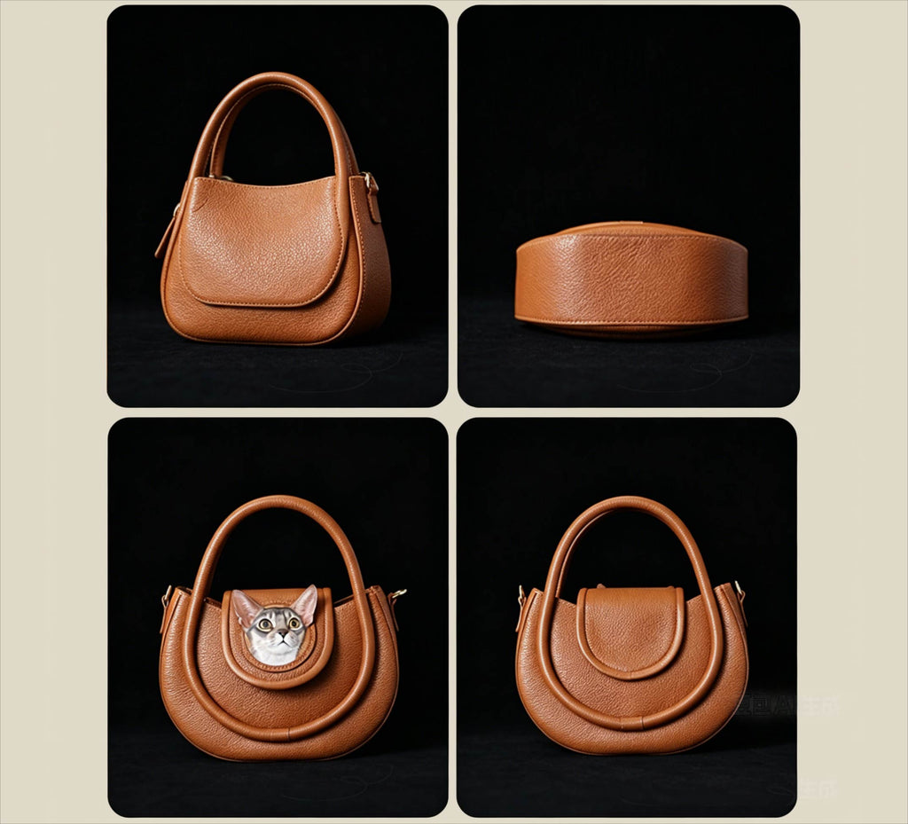 Brown leather handbag displayed from multiple angles on a beige background