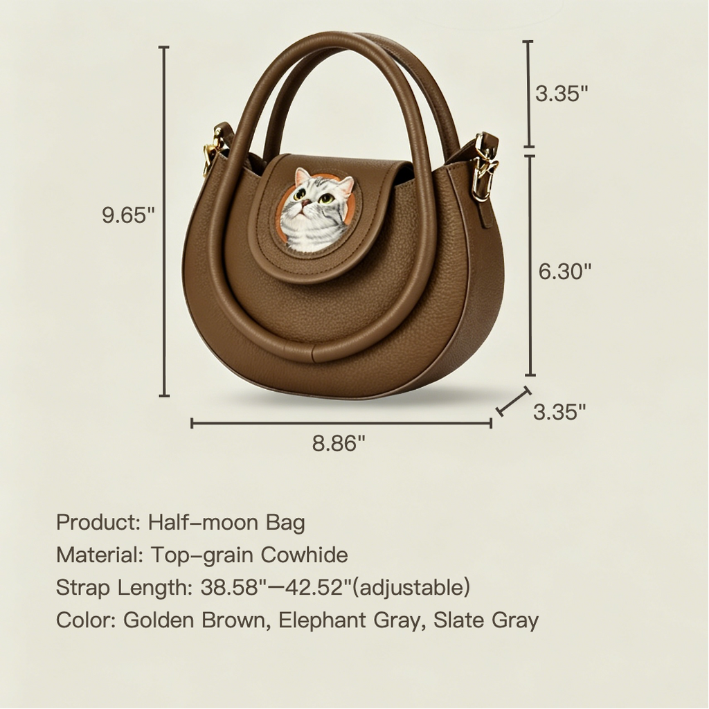 Brown half-moon bag with measurements and product details on a beige background