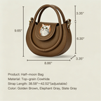 Brown half-moon bag with measurements and product details on a beige background
