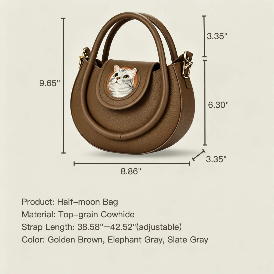 Brown half-moon bag with measurements and product details on a beige background
