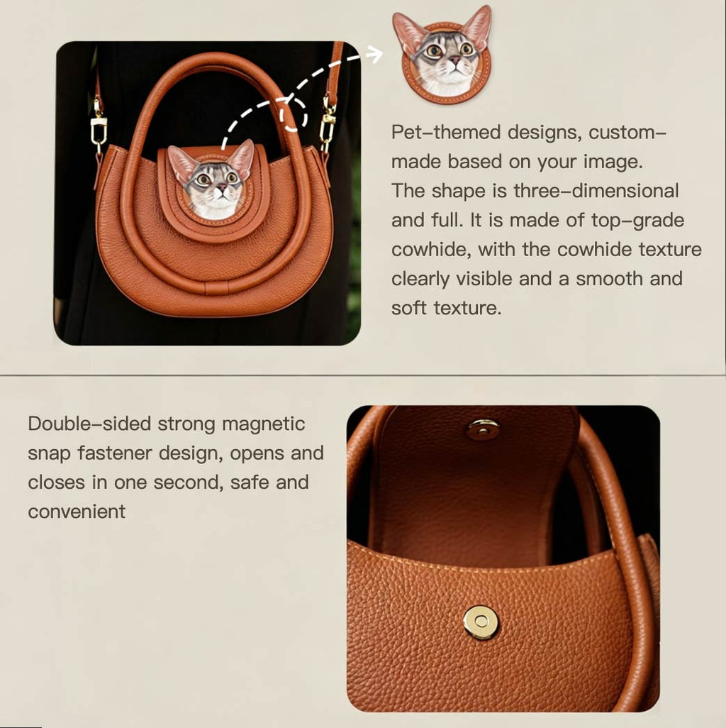 Brown handbag with a cat-themed design on a beige background