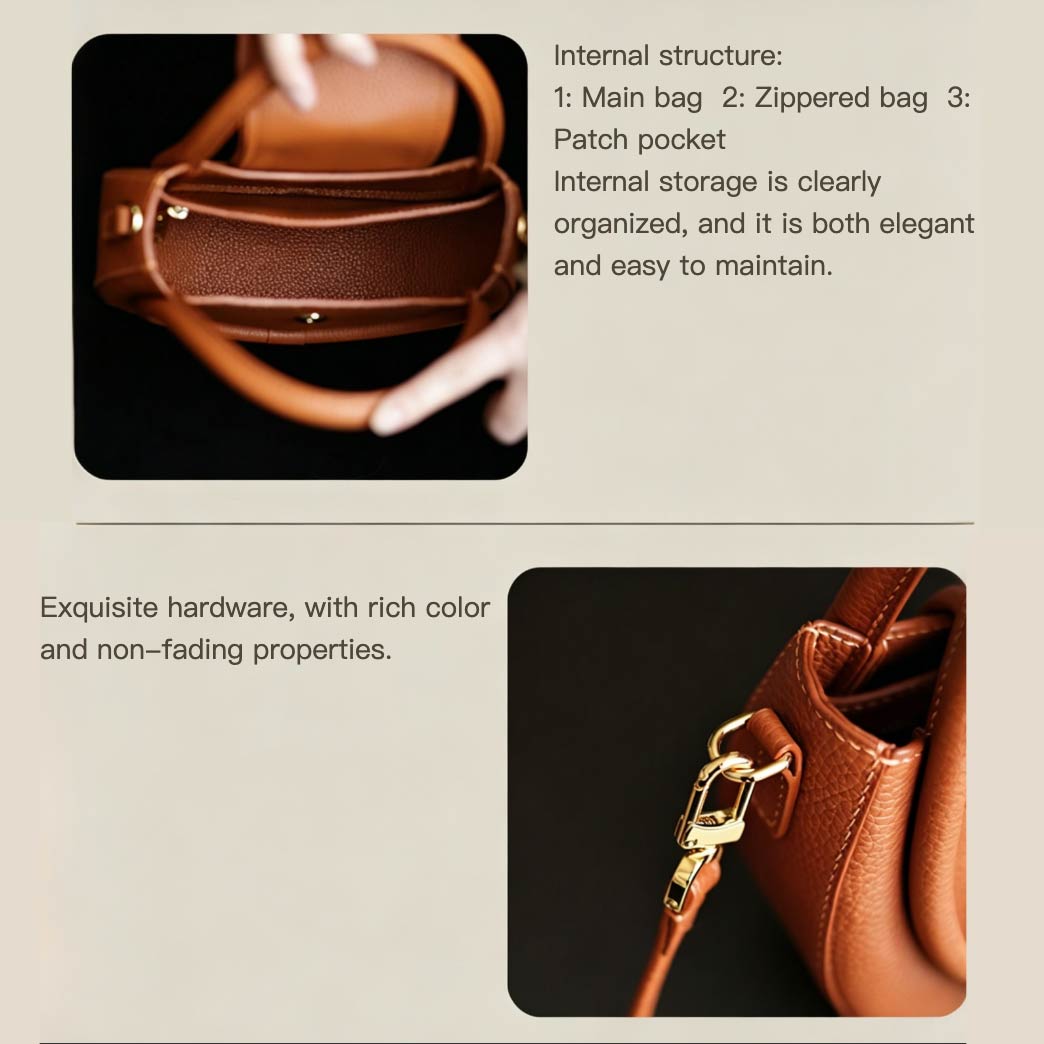 Brown leather handbag with gold hardware, showing internal structure and hardware details.