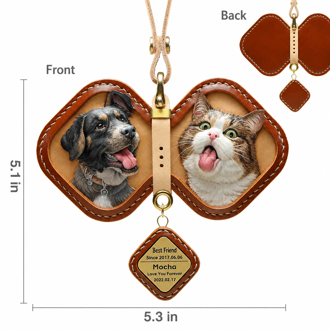 Get a personalized hand-carved leather pet portrait keychain from your photos! Perfect bespoke 3D dog, cat, or multi-pet memorial gift and luxury bag charm.