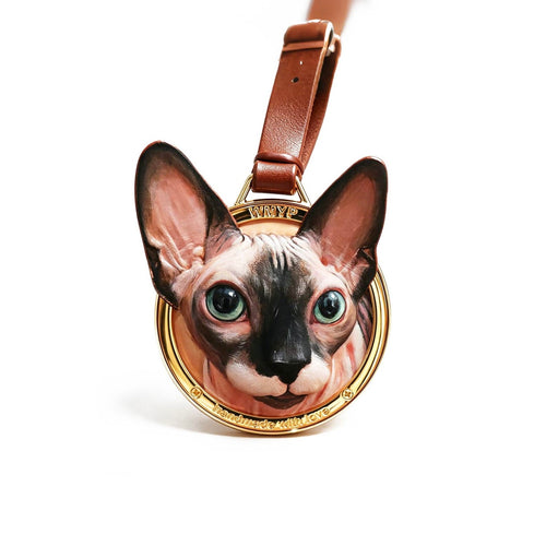 Cat-shaped pendant with gold frame and leather strap on a white background