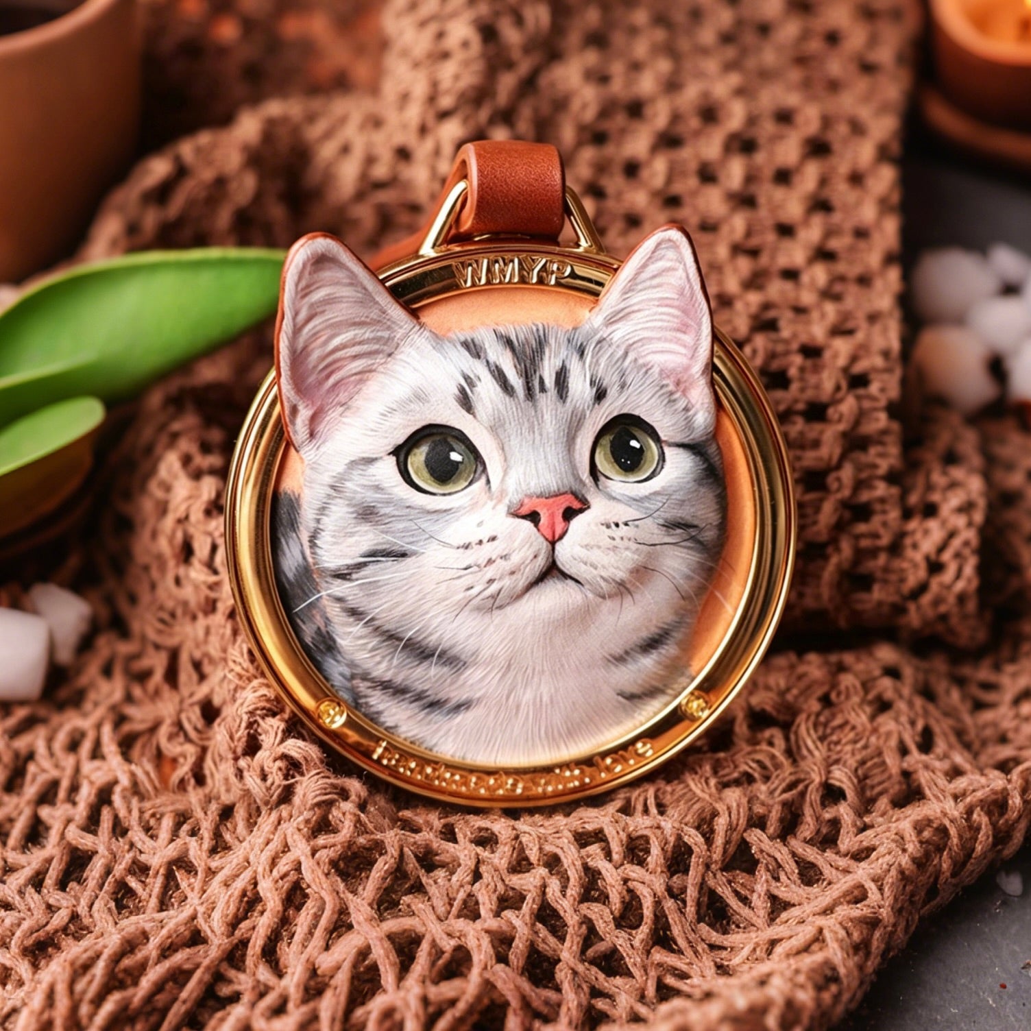 Pendant with a cat's face on a textured fabric background