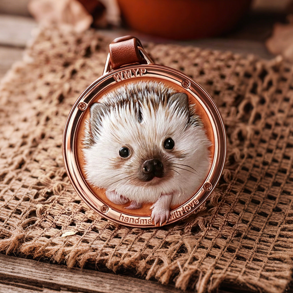 Pendant with a hedgehog design on a textured fabric background
