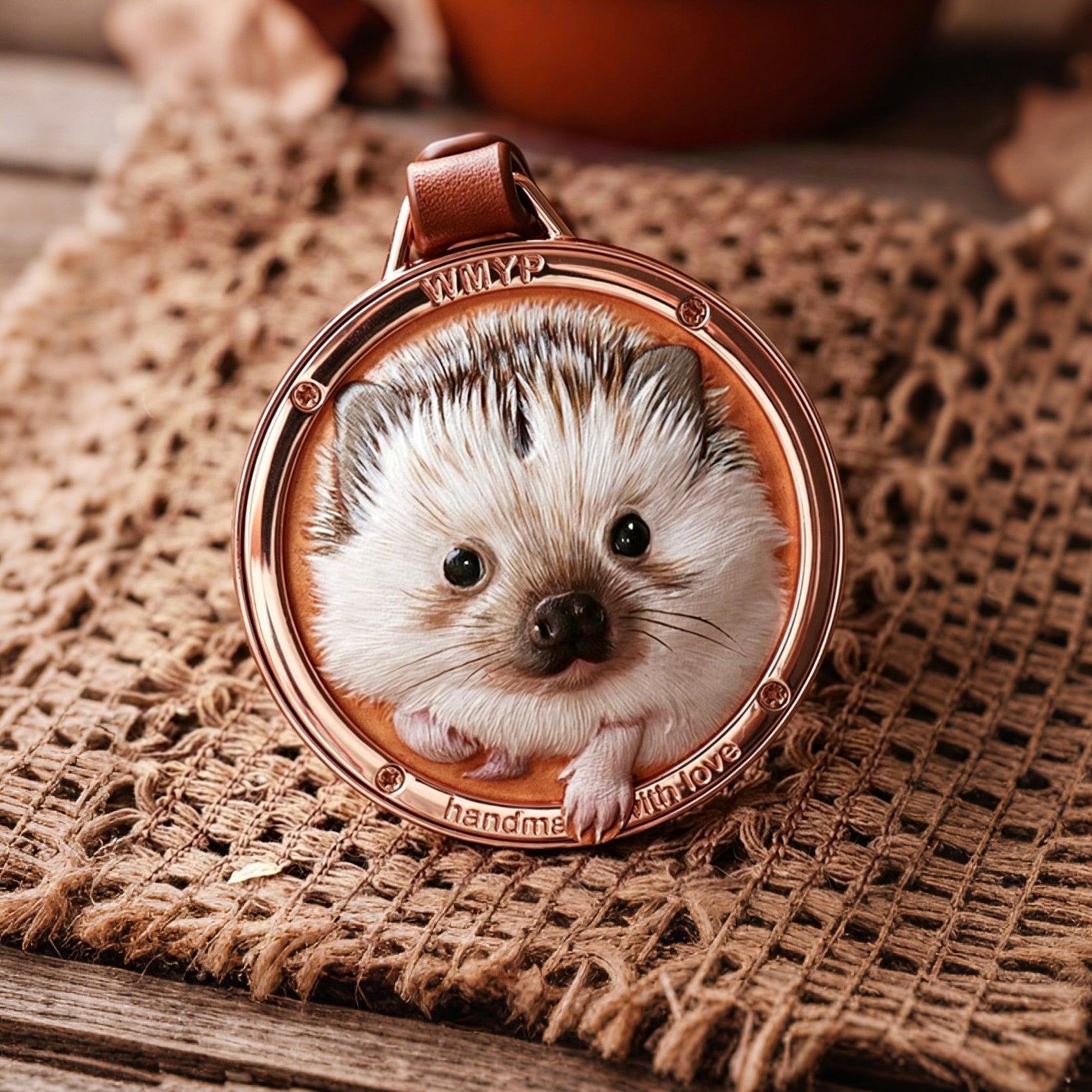 Pendant with a hedgehog design on a textured fabric background