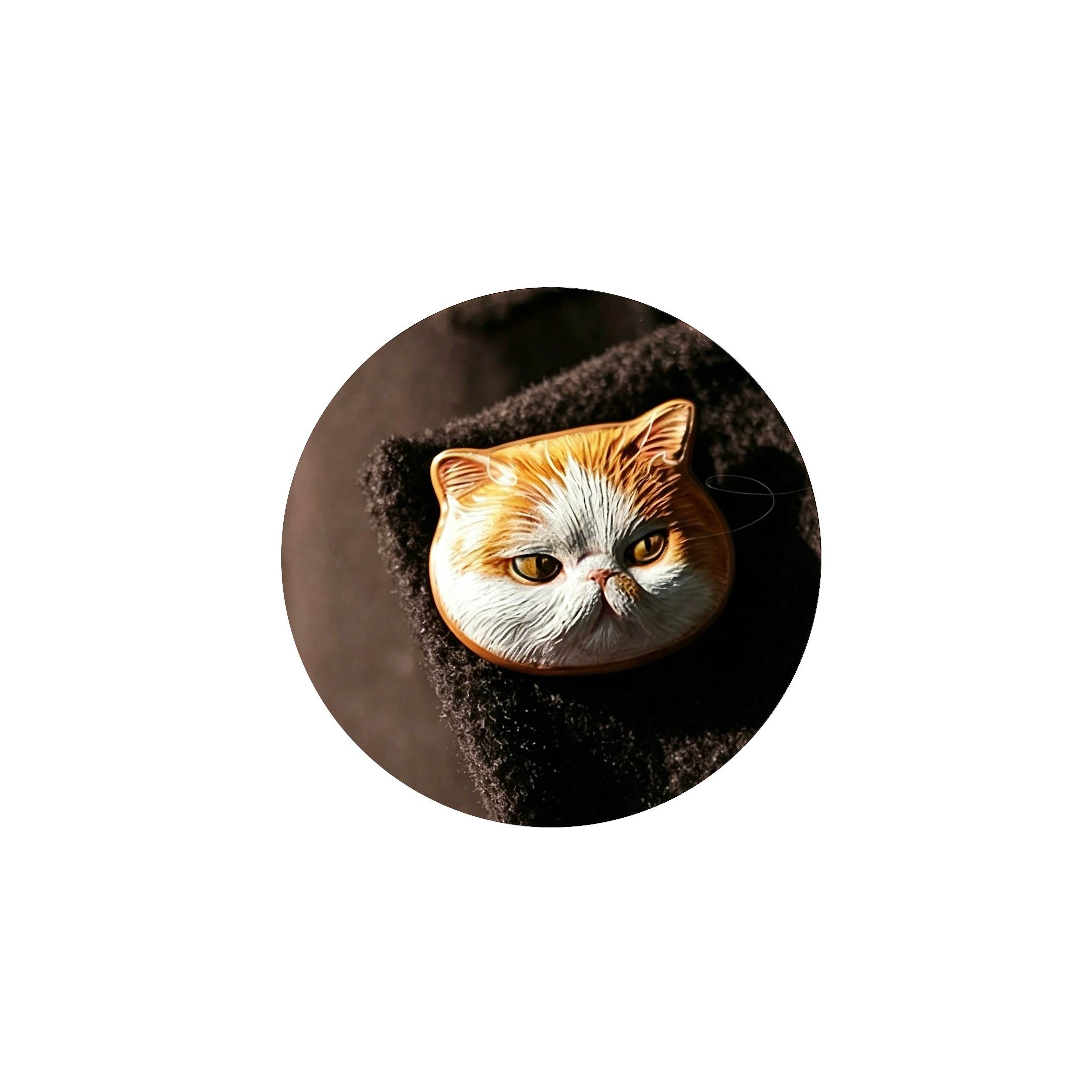 Round sticker with a cat's face on a white background