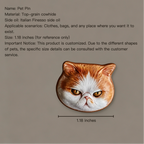 Cat-shaped pin with specifications on a brown background