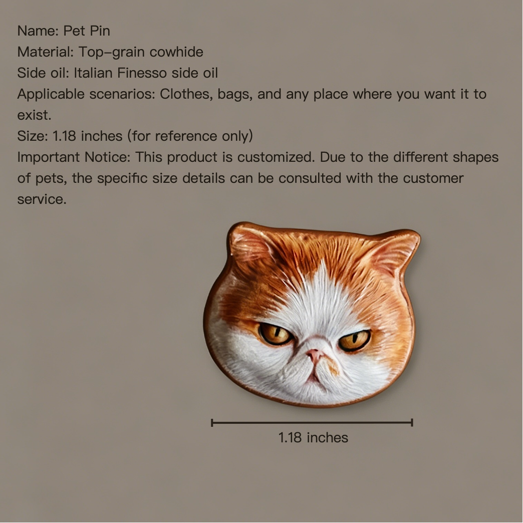 Cat-shaped pin with specifications on a brown background