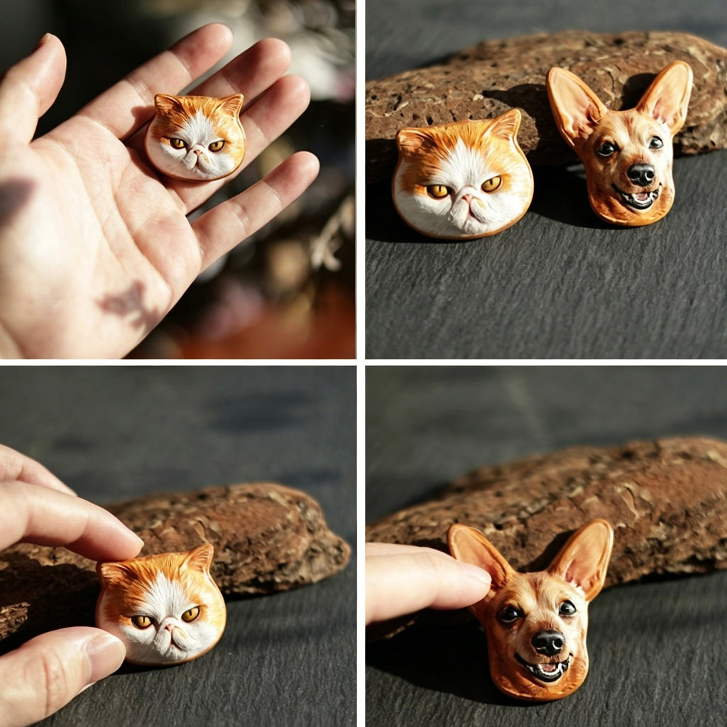 Collage of cat and dog figurines on a rock surface with a hand interacting with them.