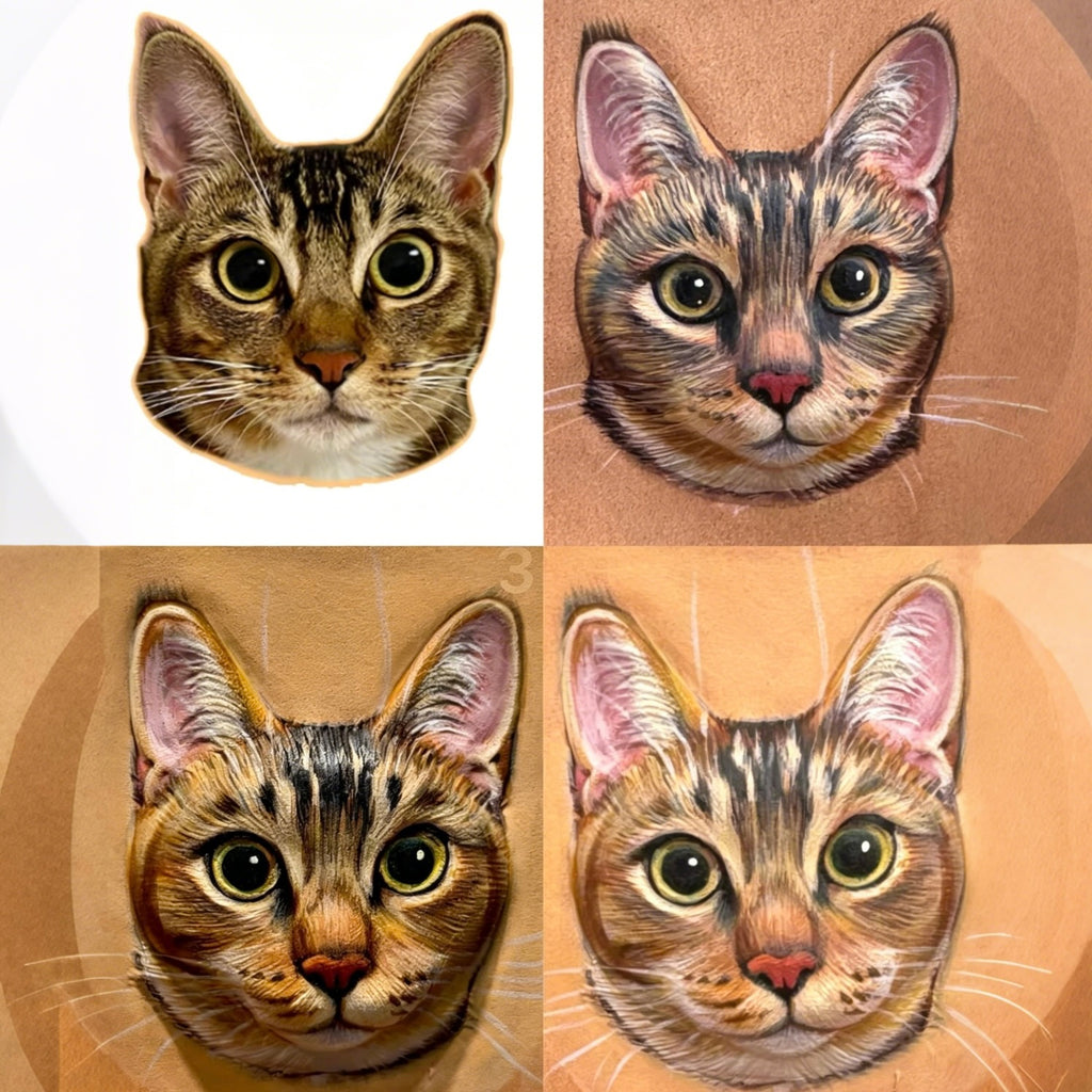 Four cat face stickers in different colors on a white background