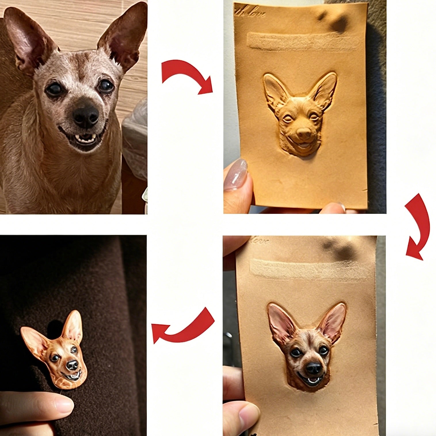 Dog with a paper bag featuring its face, showing transformation from dog to bag and back.