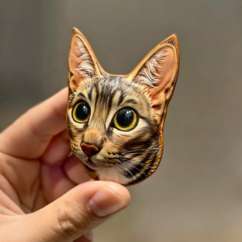 Hand holding a cat-shaped object with a detailed face against a neutral background