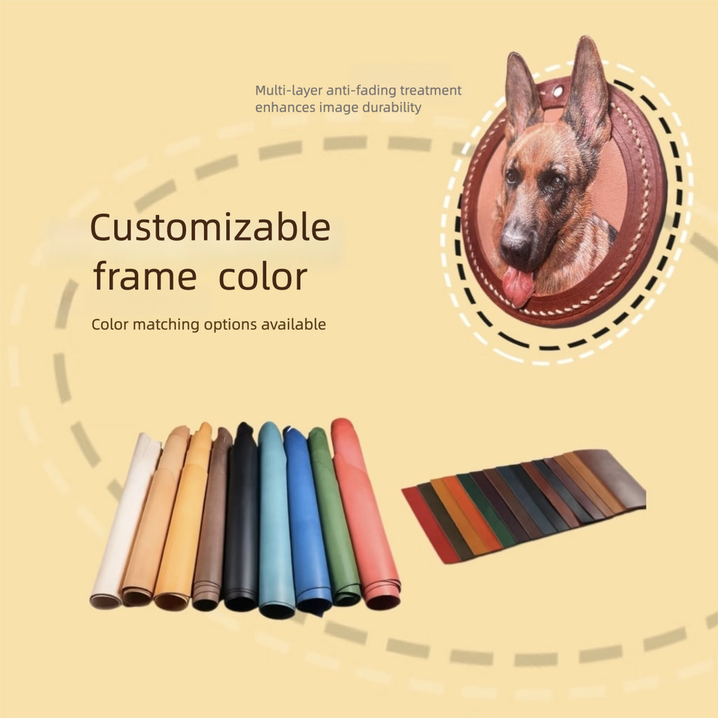 Customizable photo frame color options with a dog portrait on a beige background