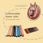 Customizable photo frame color options with a dog portrait on a beige background