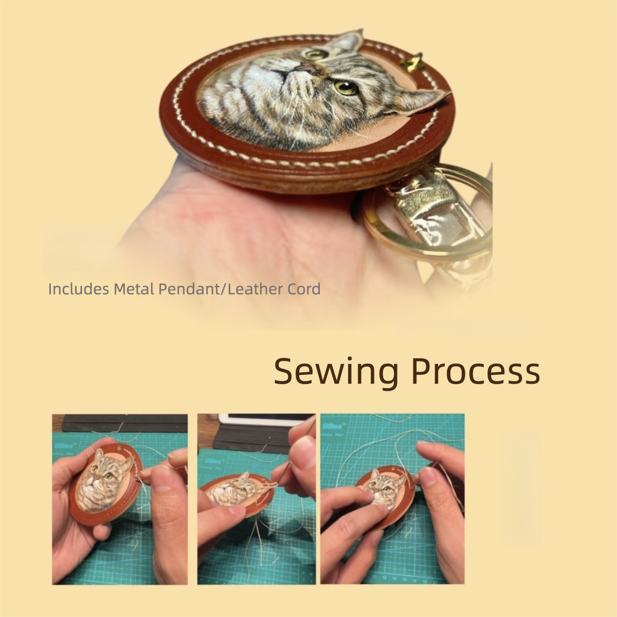 Handmade leather product with a cat design, including a metal pendant and leather cord, on a beige background.