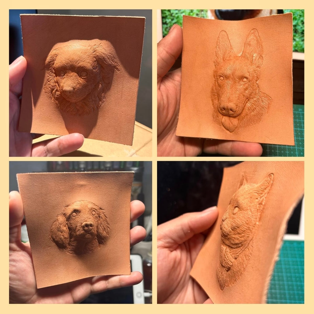 Collage of four images showing embossed dog faces on leather.