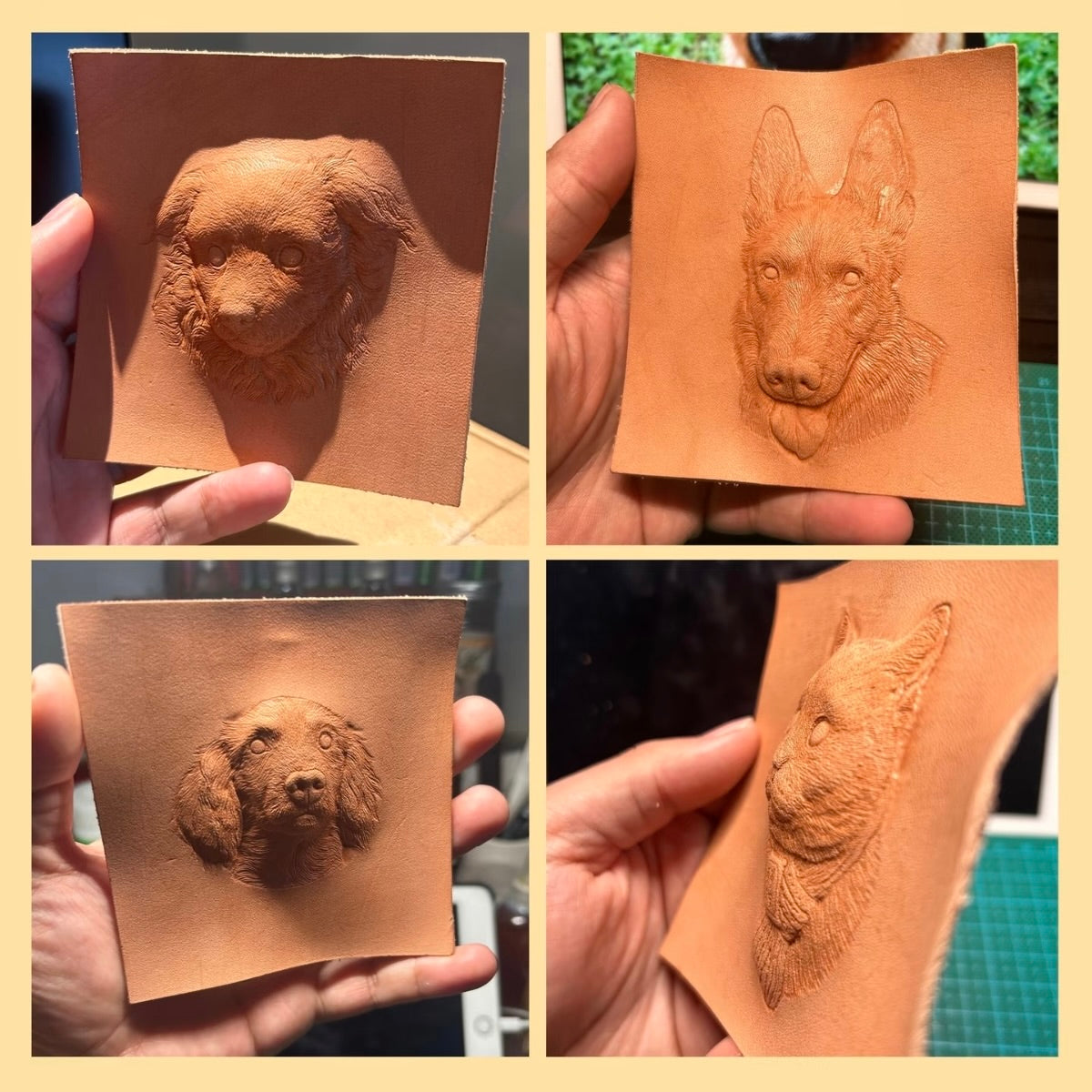 Collage of four images showing embossed dog faces on leather.