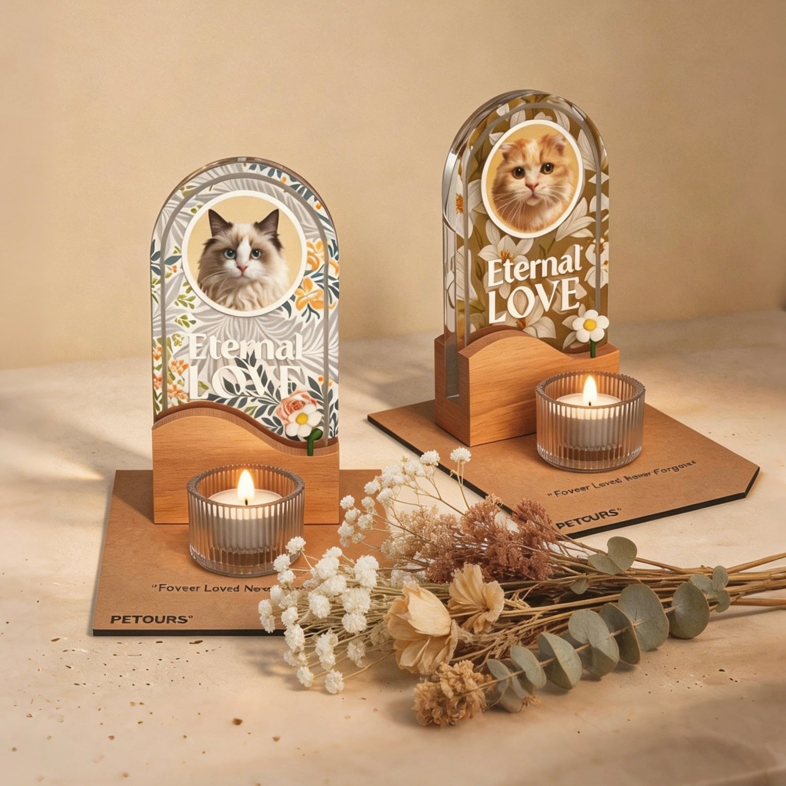 Pet memorial with a photo of a dog, 'Eternal Love' text, and a glass candle holder on a white background.