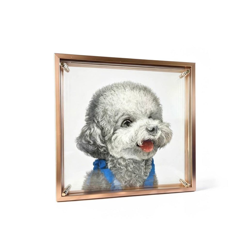 Framed artwork of a dog with a blue bow tie on a white background