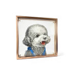Framed artwork of a dog with a blue bow tie on a white background