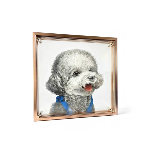 Custom 3d hand engraved pet acrylic portrait with a white frame displaying a detailed dog face