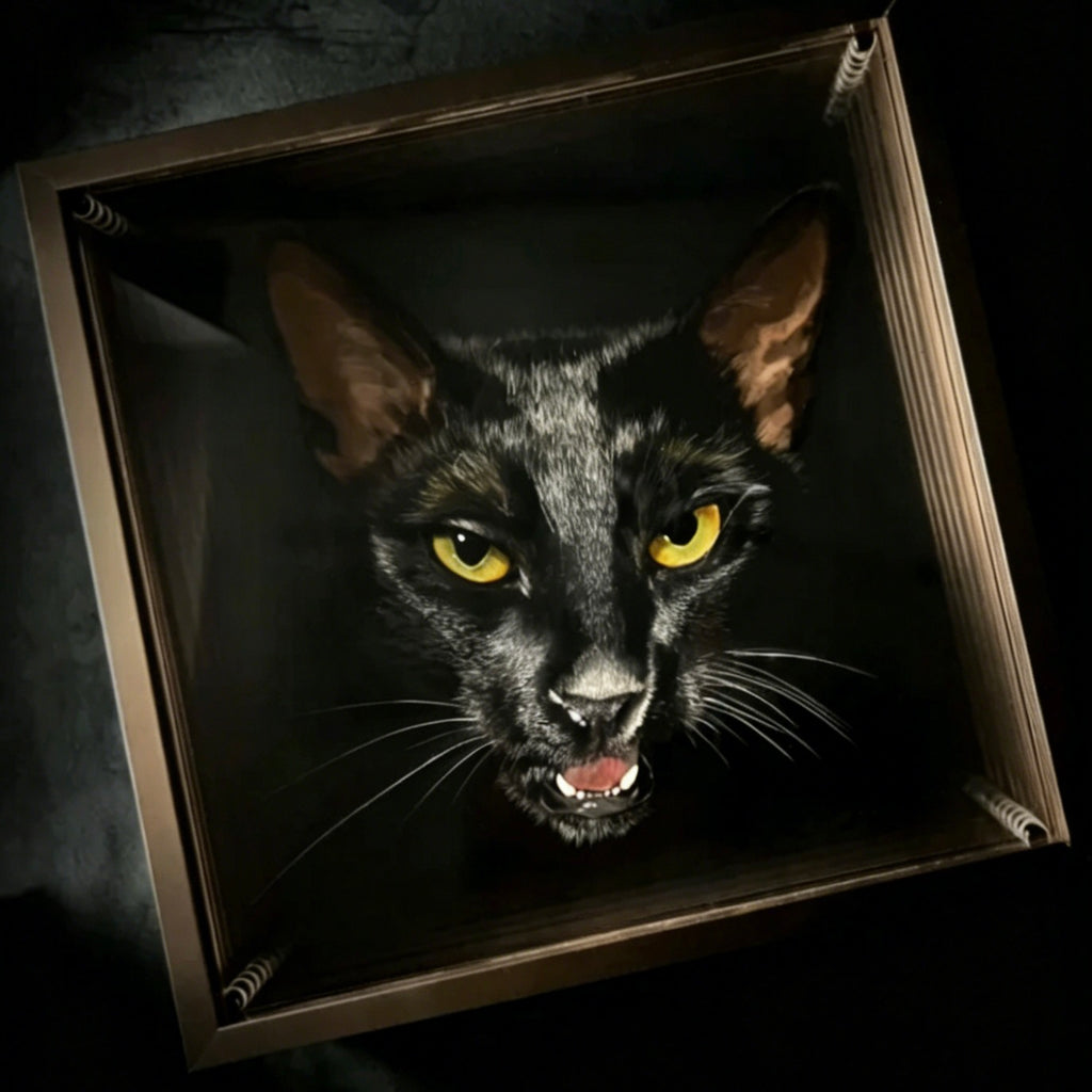Framed artwork of a black cat with yellow eyes on a dark background